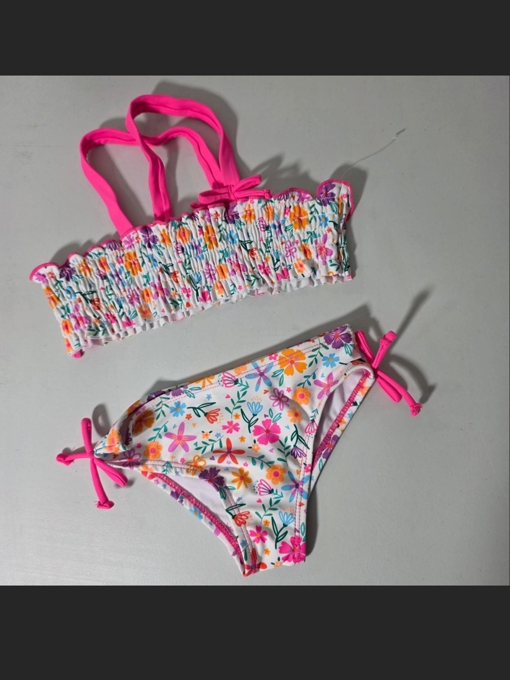 Girls' Floral Pink Tie-Accent Bikini Set